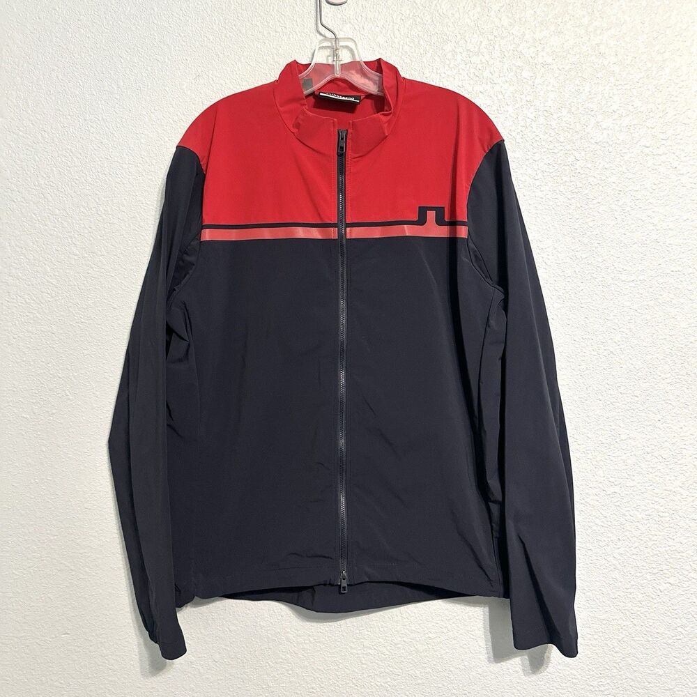 J.LINDEBERG Men’s Large Blocked Logo Soft Shell Golf Jacket Red And Black